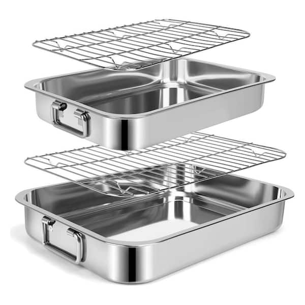 2-Pieces Silver Stainless Steel Nonstick Roasting Pans with Handles and Racks Heavy Duty Dishwasher Safe Bakeware