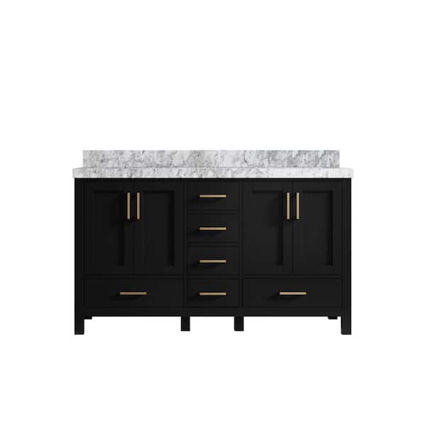 Willow Collections Malibu 60 in. W x 22 in. D x 36 in. H Double Sink Bath Vanity in Black with 2 in. Carrara Marble Top