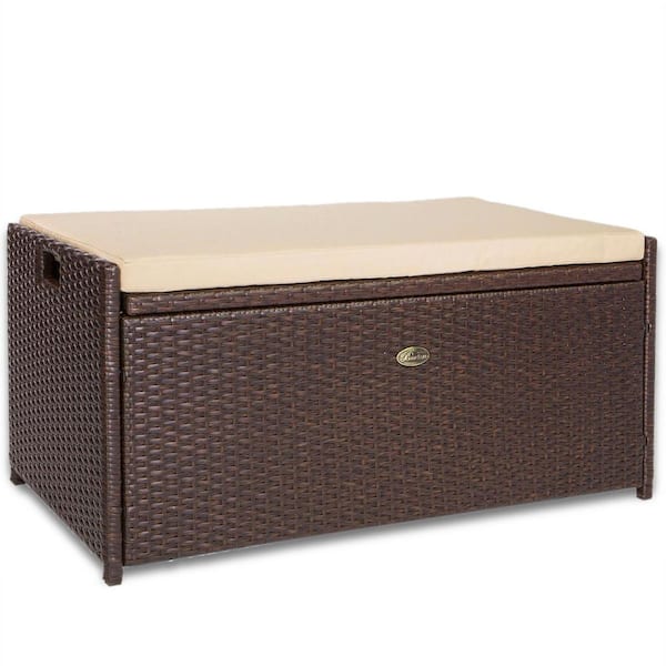 Barton 57 Gal. Capacity Brown Outdoor Patio Wicker All Weather Rattan Deck Box Storage Bench Seat with Beige Cushion