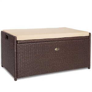57 gal. Capacity Brown Outdoor Patio Wicker All Weather Rattan Deck Box Storage Bench Seat with Beige Cushion