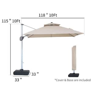 10 ft. Square Aluminum Cantilever Patio Umbrella 360-Degree Rotation, Dual Top, Steel Ribs with Cover and Base in Beige