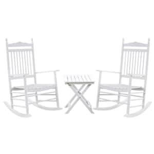 White Wood Outdoor Rocking Chair with Small Foldable Side Table, for Bistro Porch and Backyard (Set of 3)