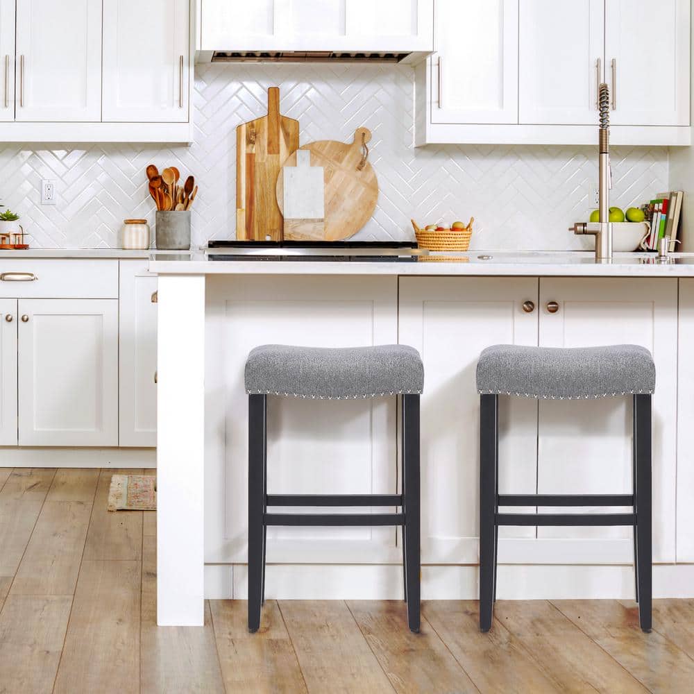 29" Gray Upholstered Saddle Seat Bar Stools, Set of 2