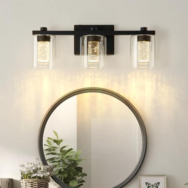 Crystal Series 13.39 in. 3-Light Sand Black LED Vanity Light Bar with Glass Shade, 3000-6000K Dimmable