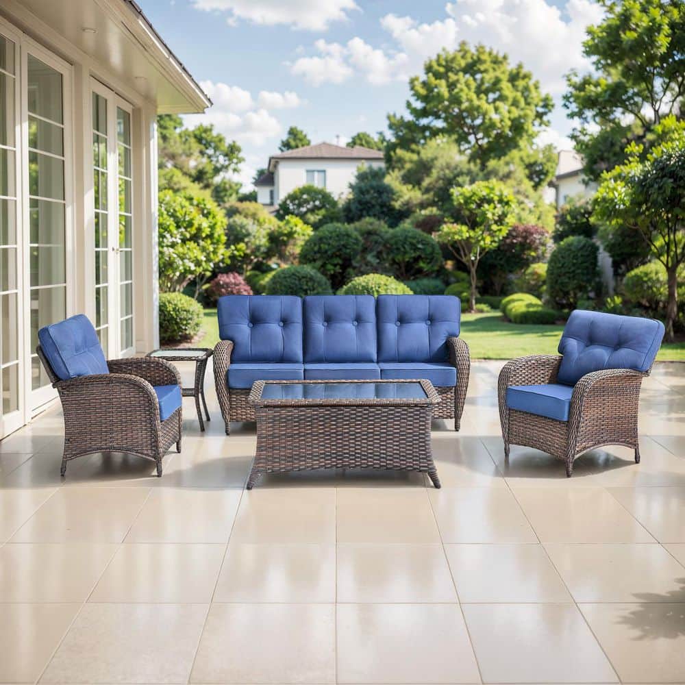 Twrap Brown 5-piece Wicker Patio Conversation Set With Armchairs, Sofa Seating Set With Olefin Navy Blue Cushions
