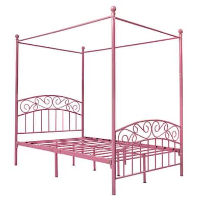 Pink Queen Size Metal Canopy Platform Bed Frame with Headboard and Footboard