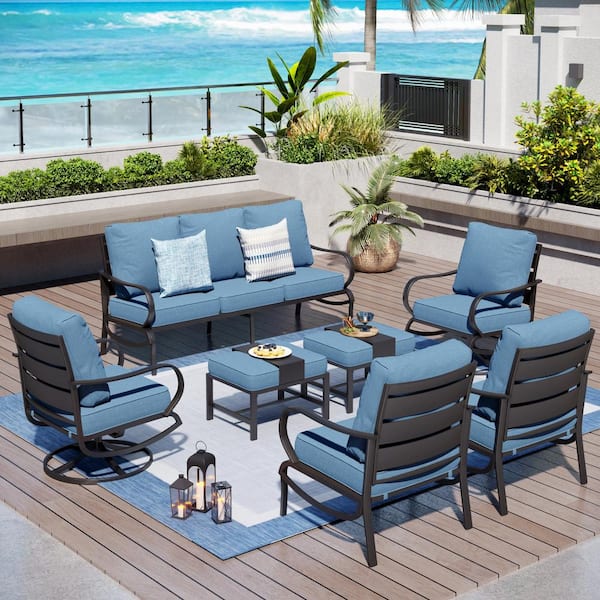 PHI VILLA Black Slatted 9-Seat 7-Piece Metal Outdoor Patio Conversation Set with Denim Blue Cushions, 2 Swivel Chairs, 2 Ottomans