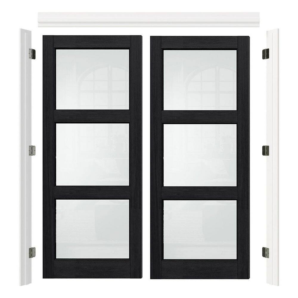 48 in. x 80 in. 3 Lite Frosted Glass Black PVC Covering MDF Wood Double French Door with Split Jamb, Universal price history on PriceWatchPro