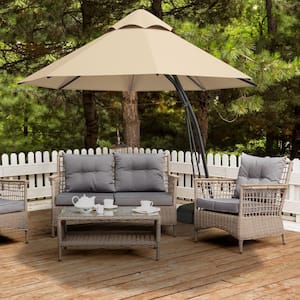 11 ft. Cantilever Patio Hand Push Offset Hanging Umbrella with Wheels Base in Beige