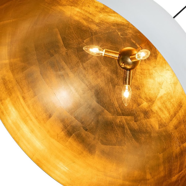 Pcover 3-Light 31.5 in. W White Pendant Light Oversized Industrial Pot Lid Dome Light with Gold Foil Finish