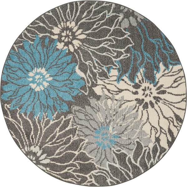 Nourison Passion Charcoal/Blue 4 ft. x 4 ft. Floral Contemporary Round Rug