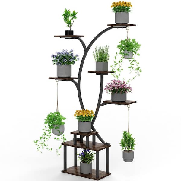 Tree-Inspired Indoor Plant Shelf with LED Grow Lights, 64.57 in. Corner Shelving for Vertical Storage, Brown-3