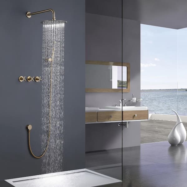 1-Spray Patterns with 2.5 GPM 10 in. Wall Mount Dual Shower Heads in Brushed Gold