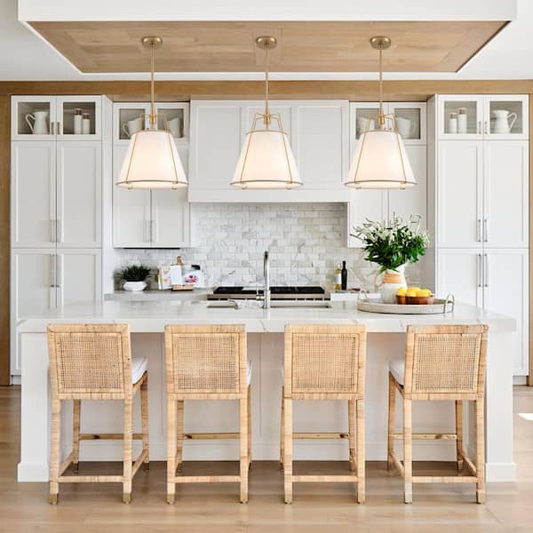 Haven Modern Farmhouse 15 in. W 4-Light Brass Frame Pendant Light with White Fabric Shade for Hallway or Kitchen