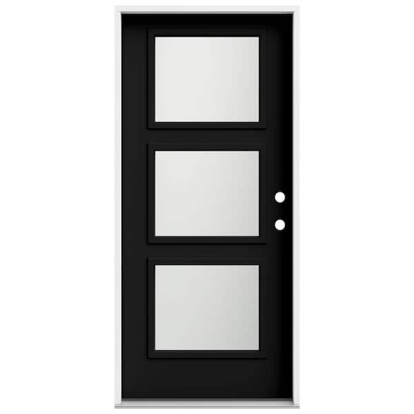 Jeld Wen 36 In X 80 In Left Handinswing 3 Lite Equal Frosted Glass Black Steel Prehung Front