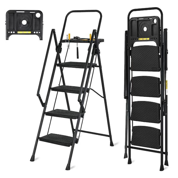 4-Step Compact Metal Step Stool Ladder with Tool Tray, 350 lbs. Load Capacity Type II Duty Rating, Black