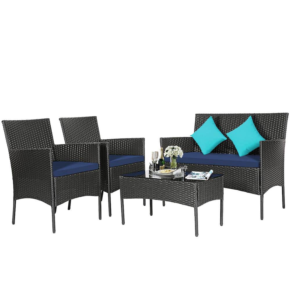 Outdoor 4-Pieces Patio Rattan Conversation Sofa Set with Cushions and Tempe