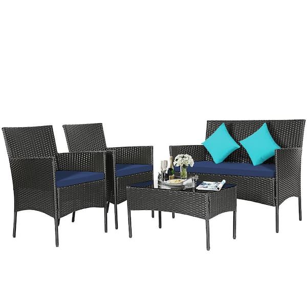 Unbranded Outdoor 4-Pieces Patio Rattan Conversation Sofa Set with Cushions and Tempered Glass Coffee Table, Navy