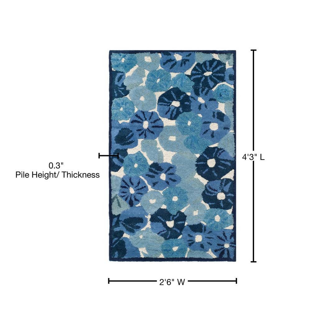 Hand-Knotted Azurite Blue Floral Wool-Viscose Blend Area Rug, 2'6" x 4'3"