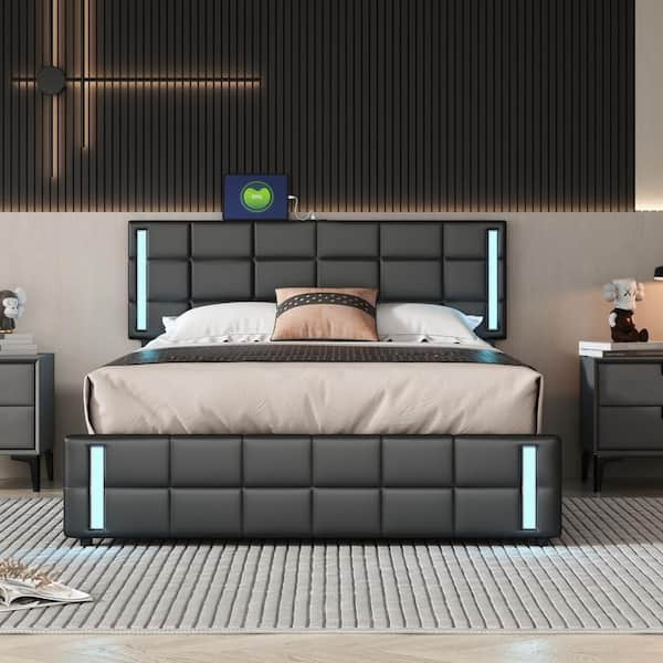 King Bed Frame with 4 Storage Drawers, Platform Bed with Charged