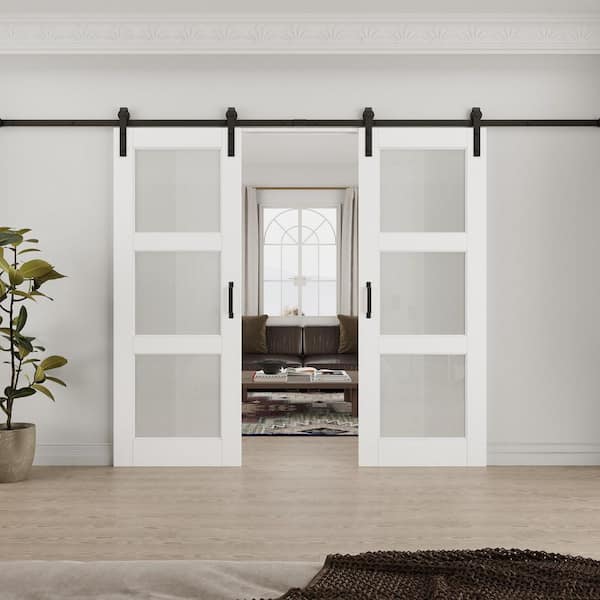 64 in. x 80 in. 3-Lite Tempered Frosted Glass White Primed MDF Composite Sliding Barn Door with Hardware Kit