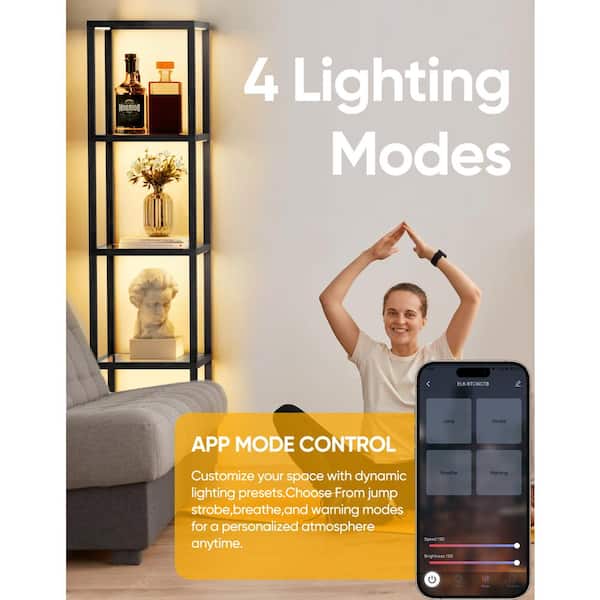 Modern 66.4 in. Black Coated Floor Lamp Glass Display Shelf with APP Color Temp Dimm, Column Floor Lamp for Living Room