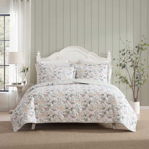Bramble Floral 3-Piece Pink/Yellow Plain Weave Cotton King Quilt Set