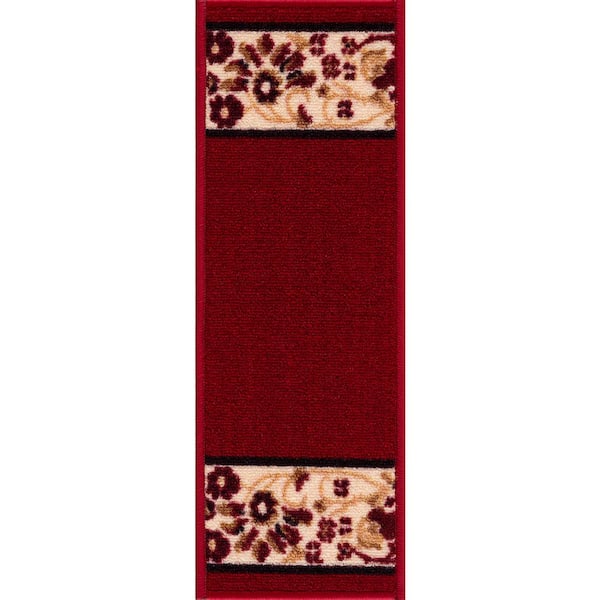 PLAYA RUG Bordered Burgundy Red 8.5 in. x 26 in. Polyamide Stair Tread Cover (1 Piece)