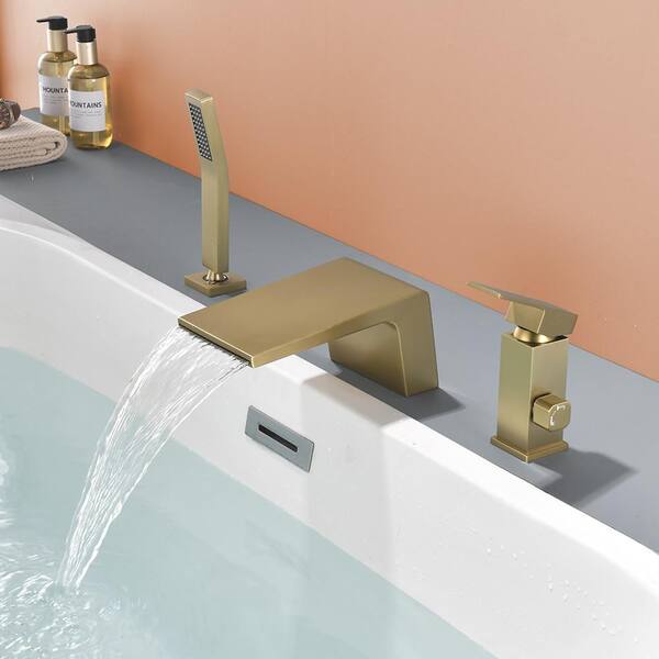 Ami Single-Handle Four Hole Tub Deck Mount Roman Tub Faucet with Hand Shower in Brushed Gold