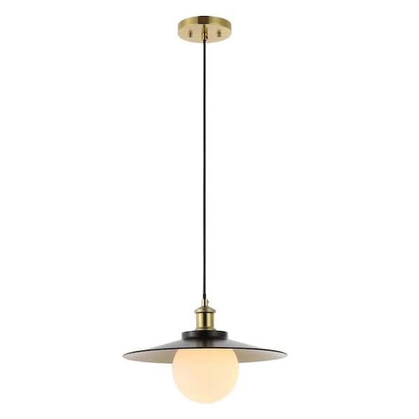 Hadley 14.5 in. 25-Watt 1-Light Bronze Scandinavian Iron/Frosted Glass LED Pendant Light, Oil Rubbed Bronze/Brass Gold