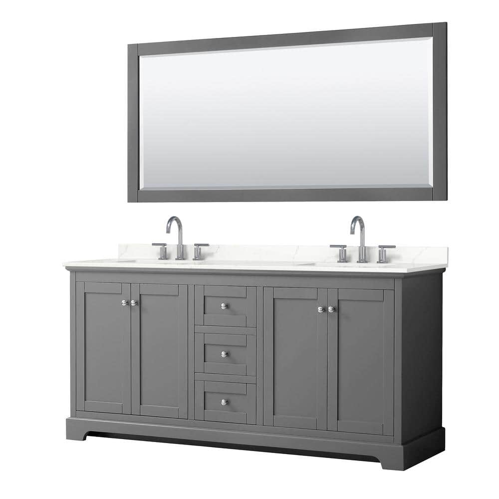 Wyndham Collection Avery 72 in. W x 22 in. D x 35 in. H Double Bath Vanity in Dark Gray with Giotto Quartz Top and 70 in. Mirror, Dark Gray with Polished Chrome Trim -  840193390584