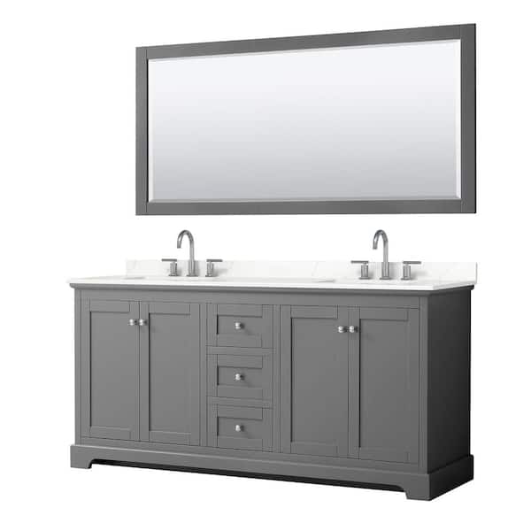 Wyndham Collection Avery 72 in. W x 22 in. D x 35 in. H Double Bath Vanity in Dark Gray with Giotto Quartz Top and 70 in. Mirror