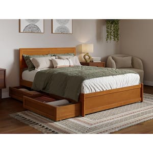 Lylah Light Toffee Natural Bronze Solid Wood Frame Full Platform Bed with Panel Footboard and Storage Drawers
