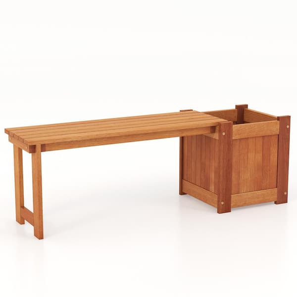 HONEY JOY Wood Outdoor Storage Stool Bench with Planter Box and Seat Open-Ended Base Slotted Construction
