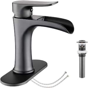 Waterfall Bathroom Faucet Black Matte Black Bathroom Faucet with Pop Up Drain Single Handle Word Bath Accessory Set