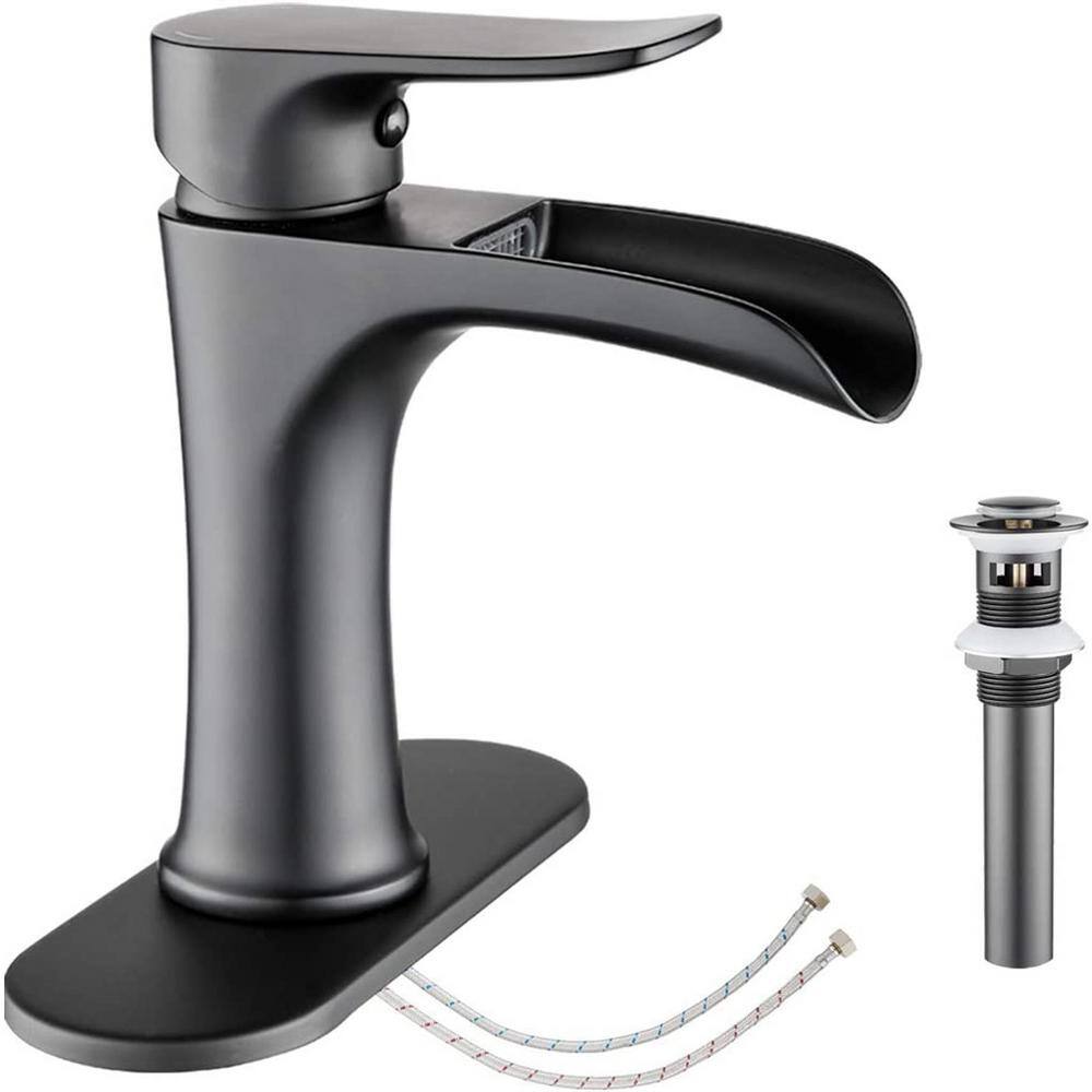 Matte Black Brass Waterfall Bathroom Faucet with Pop-Up Drain