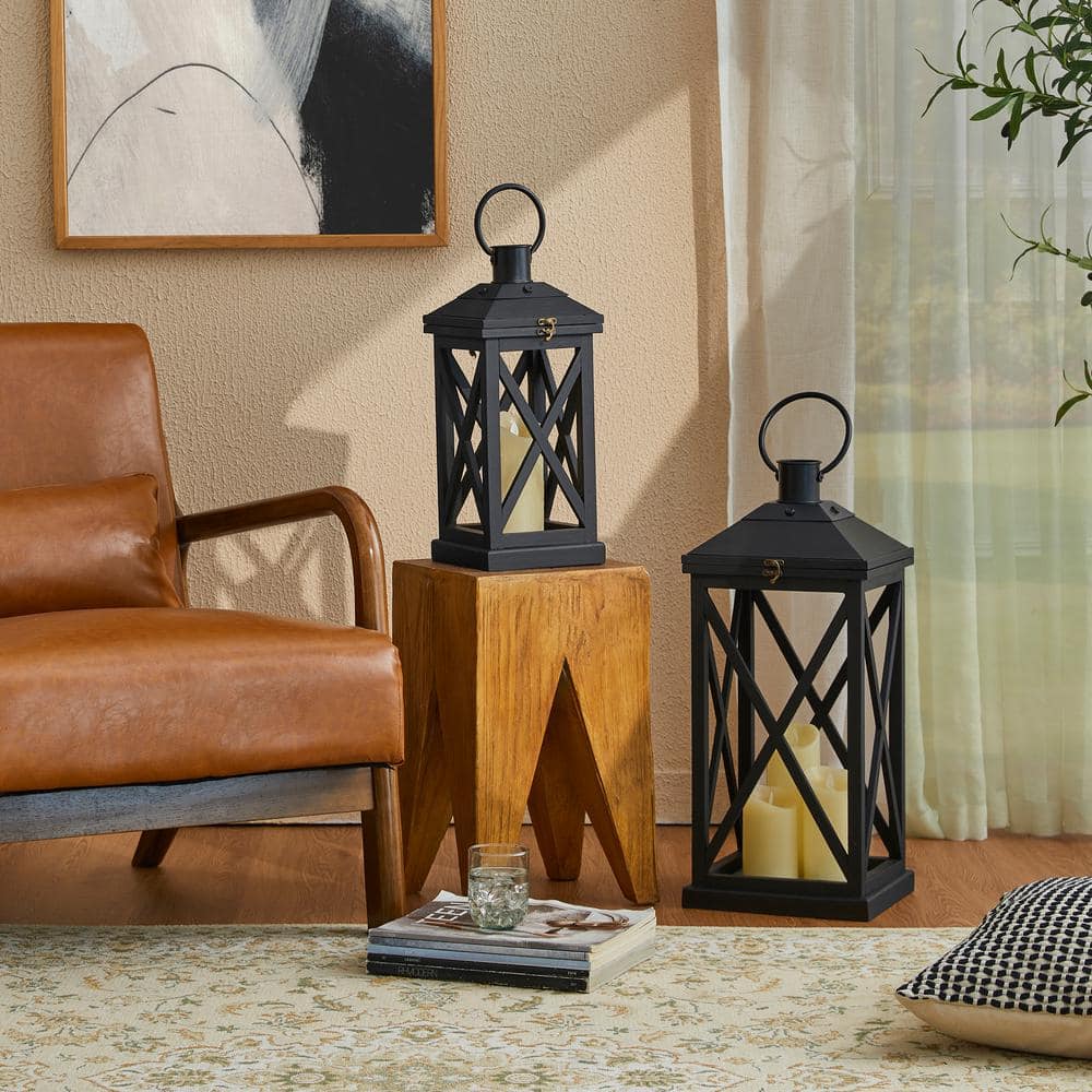 Distressed Black Wood and Metal Floor Candle Lanterns Set