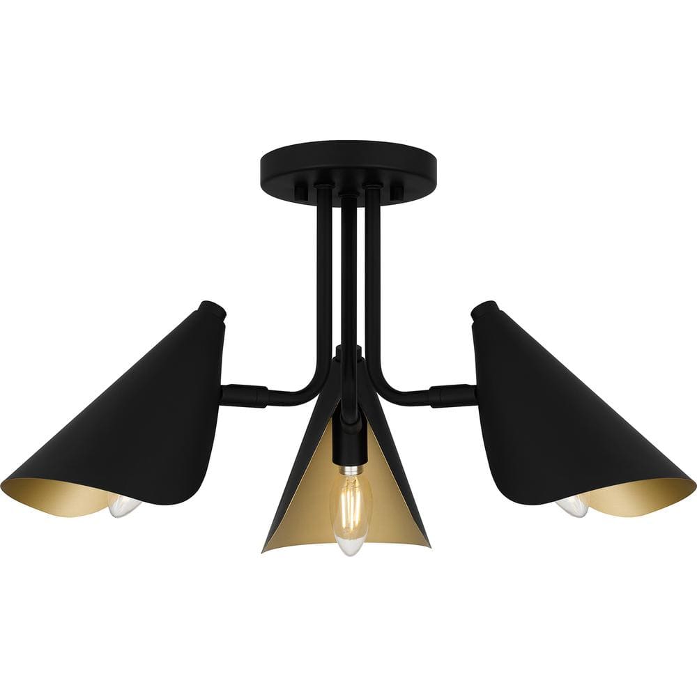 20 in. 3-Light Matte Black Semi-Flush Mount with Painted Gold Interior Meta