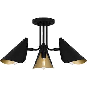 20 in. 3-Light Matte Black Semi-Flush Mount with Painted Gold Interior Metal Shades