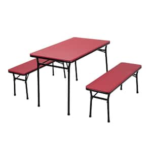 3-Piece Red Portable Outdoor Safe Folding Table Bench Set