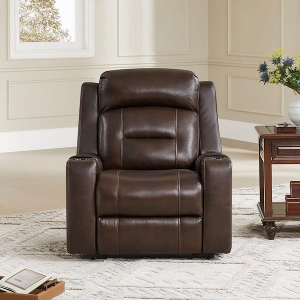 Finn Brown Genuine Leather Power Recliner Chair with Power Headrest, Pockets, Cup Holders and USB & Type-C Charging Port