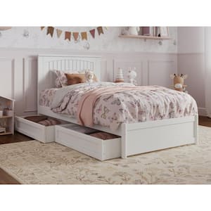 Malta White Solid Wood Frame Twin Platform Bed with Panel Footboard and Storage Drawers