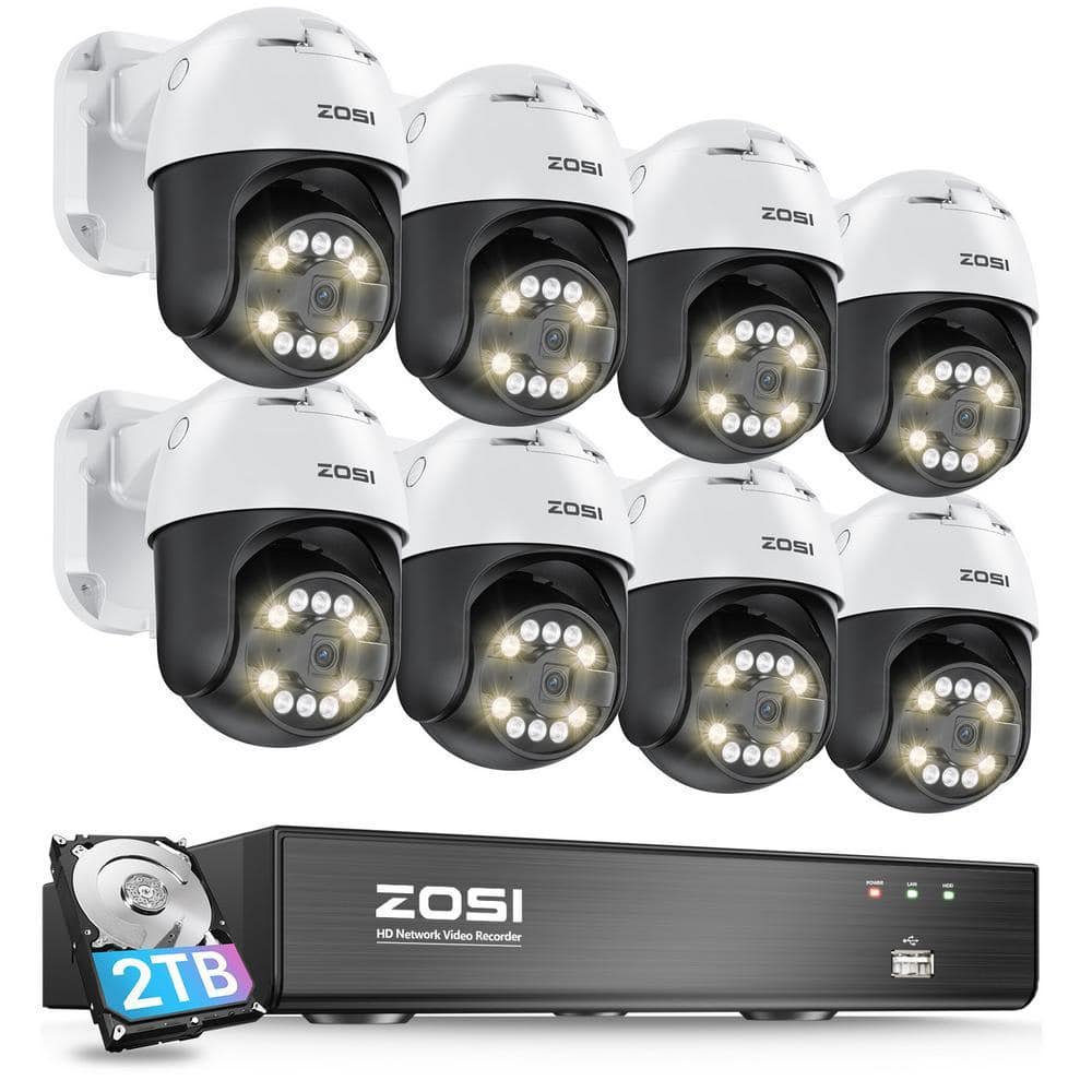 4K 8-Channel 2TB POE NVR Security Camera System with 8-Wired 5MP 360 Pan Tilt Outdoor Audio Cameras, 24/7 Surveillance