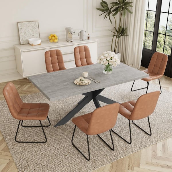 Modern 7-Piece Extendable Rectangle Gray MDF Top Dining Room Set Seating 6 People 66.9 in. with 6 U-shaped Brown Chairs