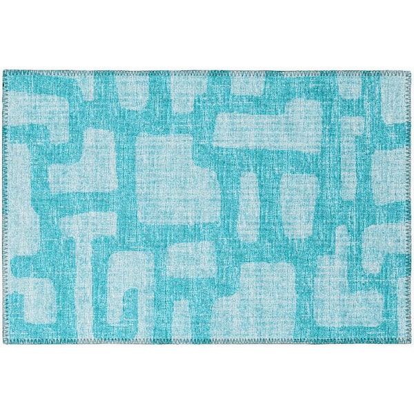 Yuma Blue 1 ft. 8 in. x 2 ft. 6 in. Geometric Indoor/Outdoor Washable Area Rug