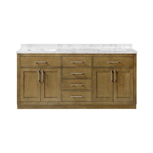 Athea 72 in. Double Sink Almond Latte Bath Vanity w/ White Engineered Marble Top, Power Bar and Brushed Nickel Hardware