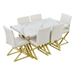 White 7-Piece Dining Table with 6 Faux Leather Chairs