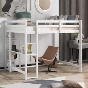 White Full Size Kids Loft Bed with Built-in Desk and Shelves, Full Wood Loft Bed Frame with Ladder, No Box Spring Needed