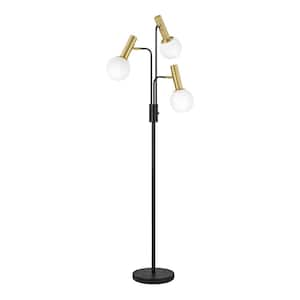 Kingsbridge 70 in. 3-Light Black and Gold Tree Floor Lamp with White Glass Globe Shades