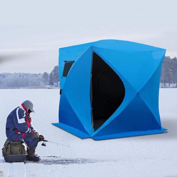 Outsunny 4 Person Ice Fishing Shelter, Waterproof Oxford Fabric Portable Pop-Up Ice Tent with 2 Doors for Outdoor Fishing - Blue